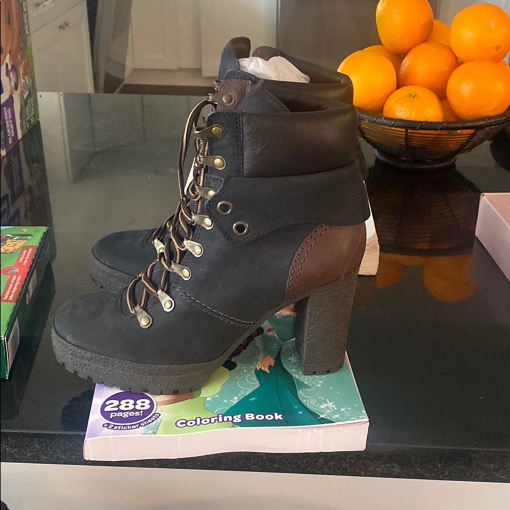 Navy and brown heeled platform boots